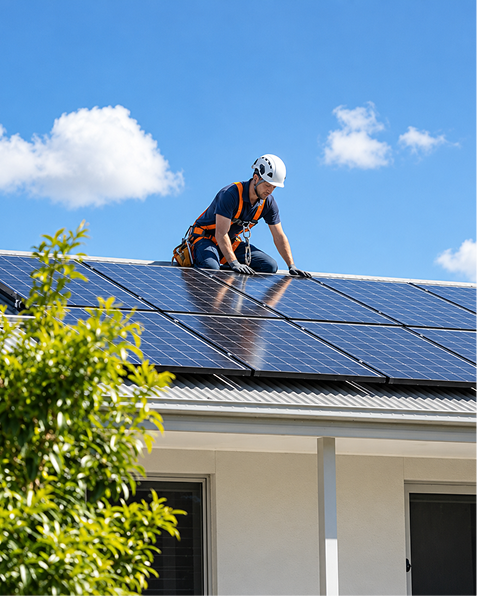 Certified electrician installing solar panels on a residential roof